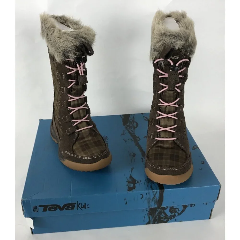 Teva Girls Lenawee‎ Boots Toddlet Size 10 Tall Faux Fur Plaid Lace Up Brown Pink